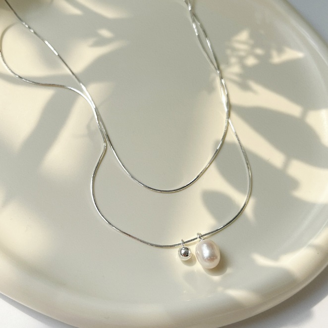 925 Sterling Silver Layered Chain Pearl Necklace